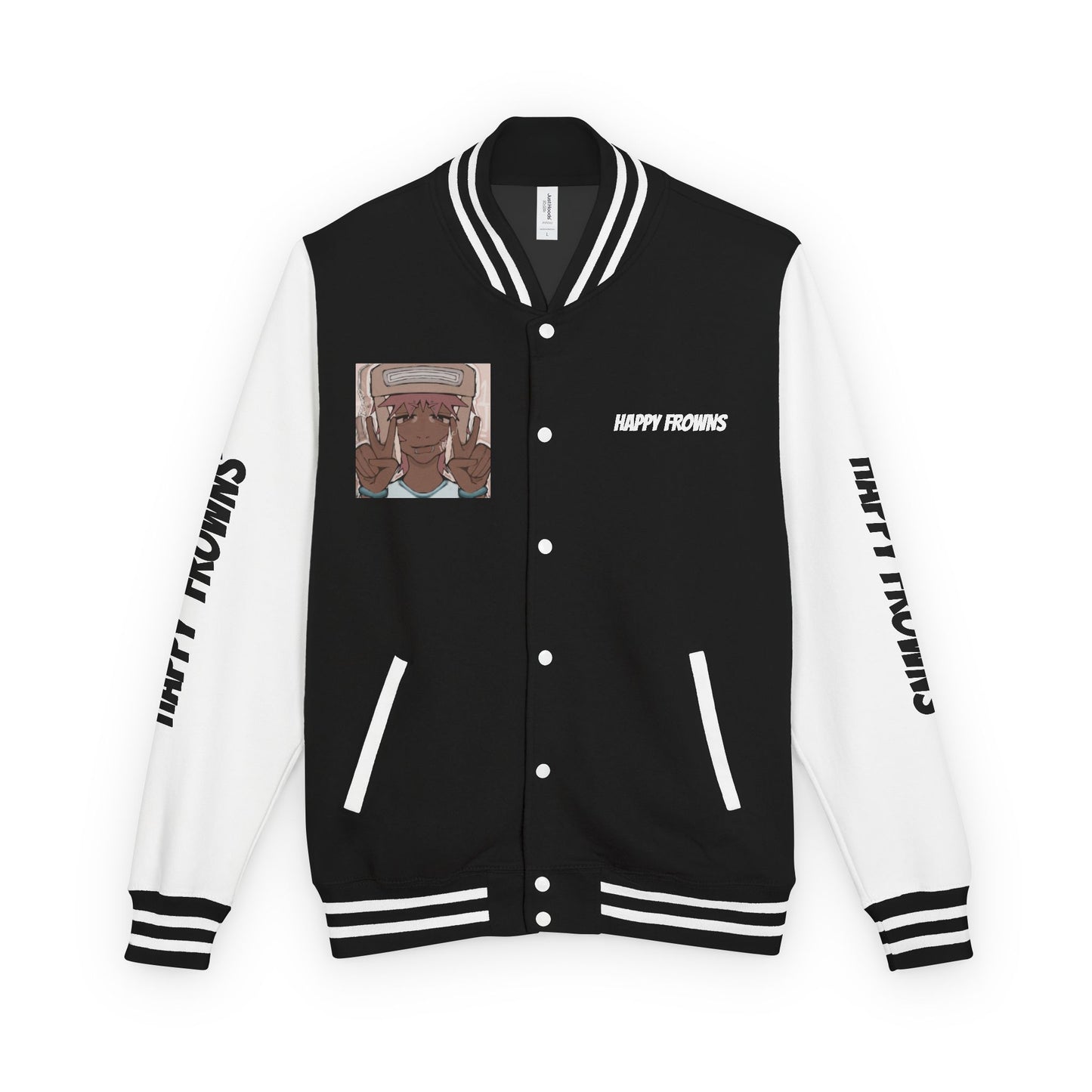 Cool Teenage Style Unisex Heavyweight Letterman Jacket, Trendy Happy FROWNS Design, Varsity Coat for Teens, Fashionable Outerwear for Youth,
