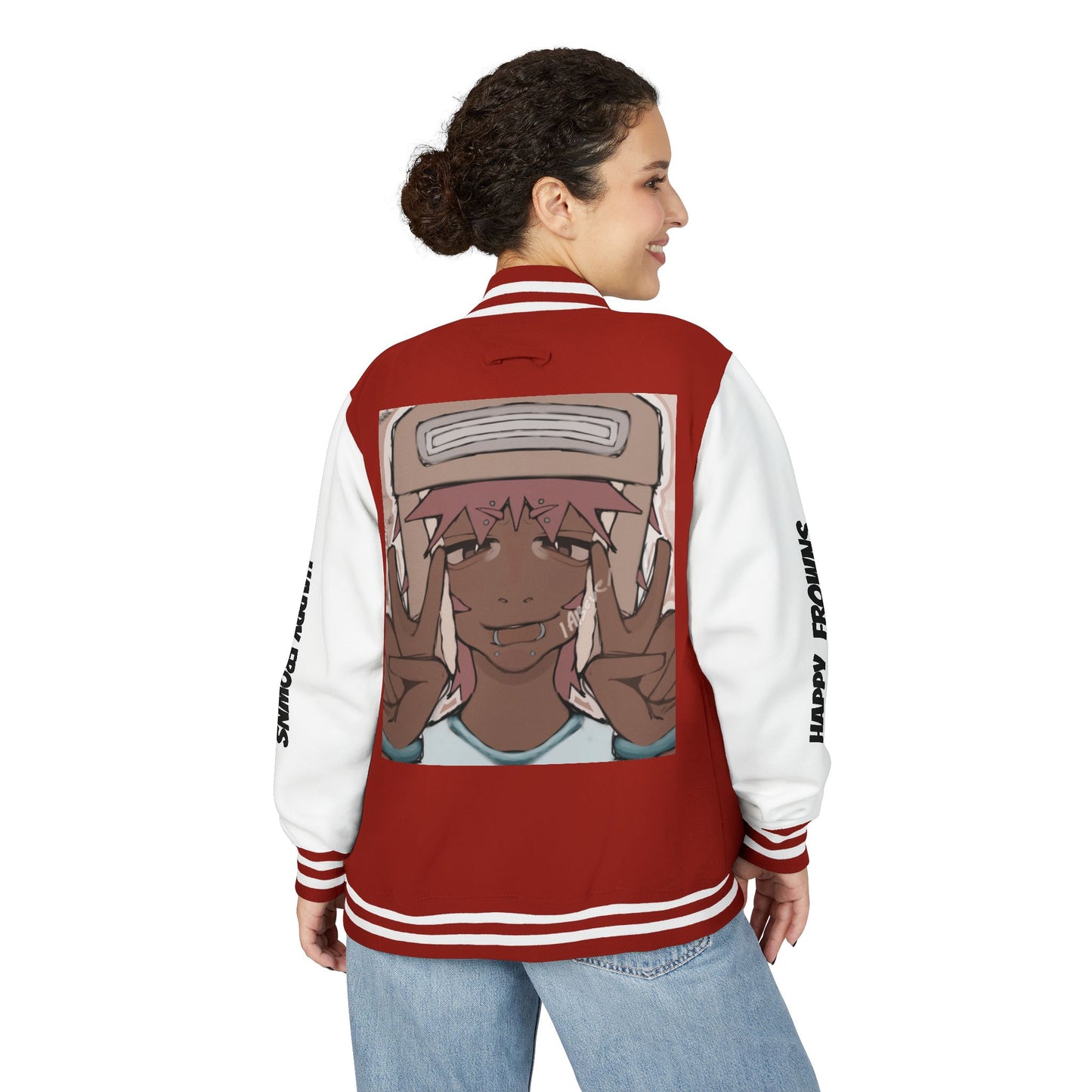 Cool Teenage Style Unisex Heavyweight Letterman Jacket, Trendy Happy FROWNS Design, Varsity Coat for Teens, Fashionable Outerwear for Youth,