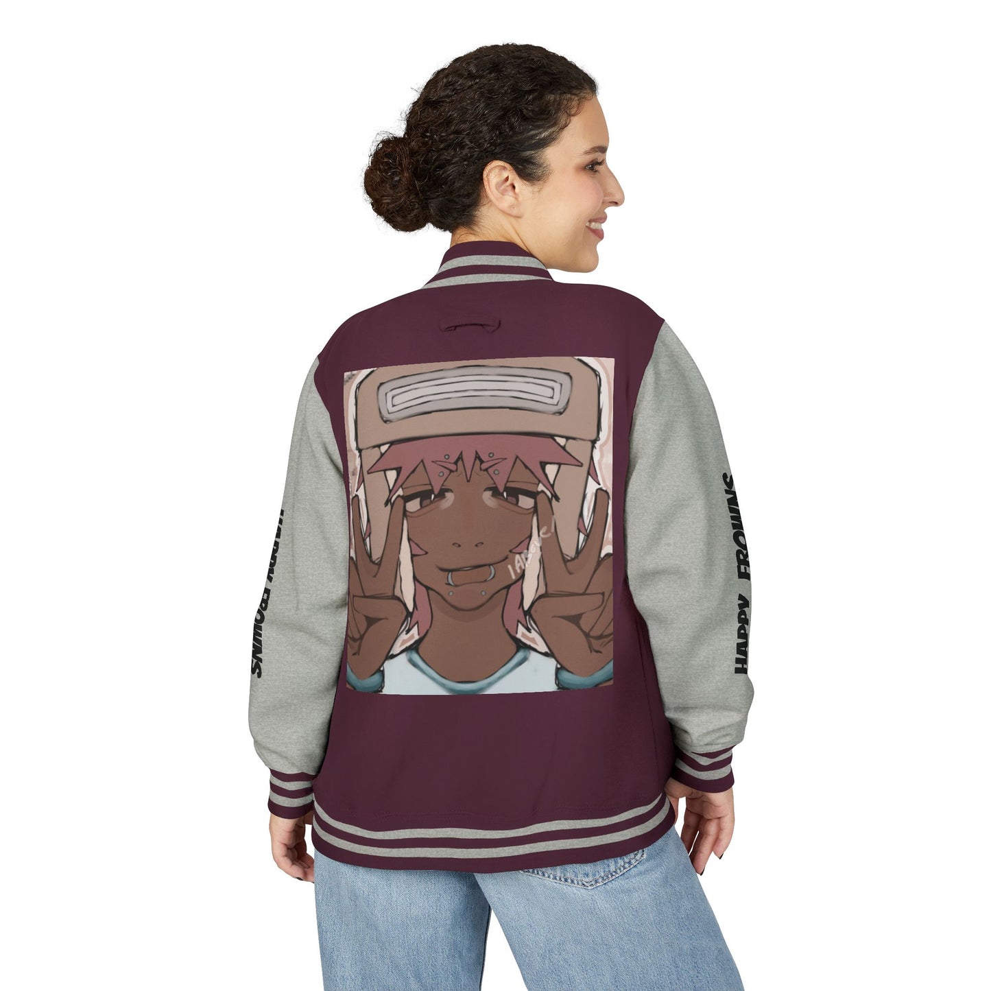 Cool Teenage Style Unisex Heavyweight Letterman Jacket, Trendy Happy FROWNS Design, Varsity Coat for Teens, Fashionable Outerwear for Youth,