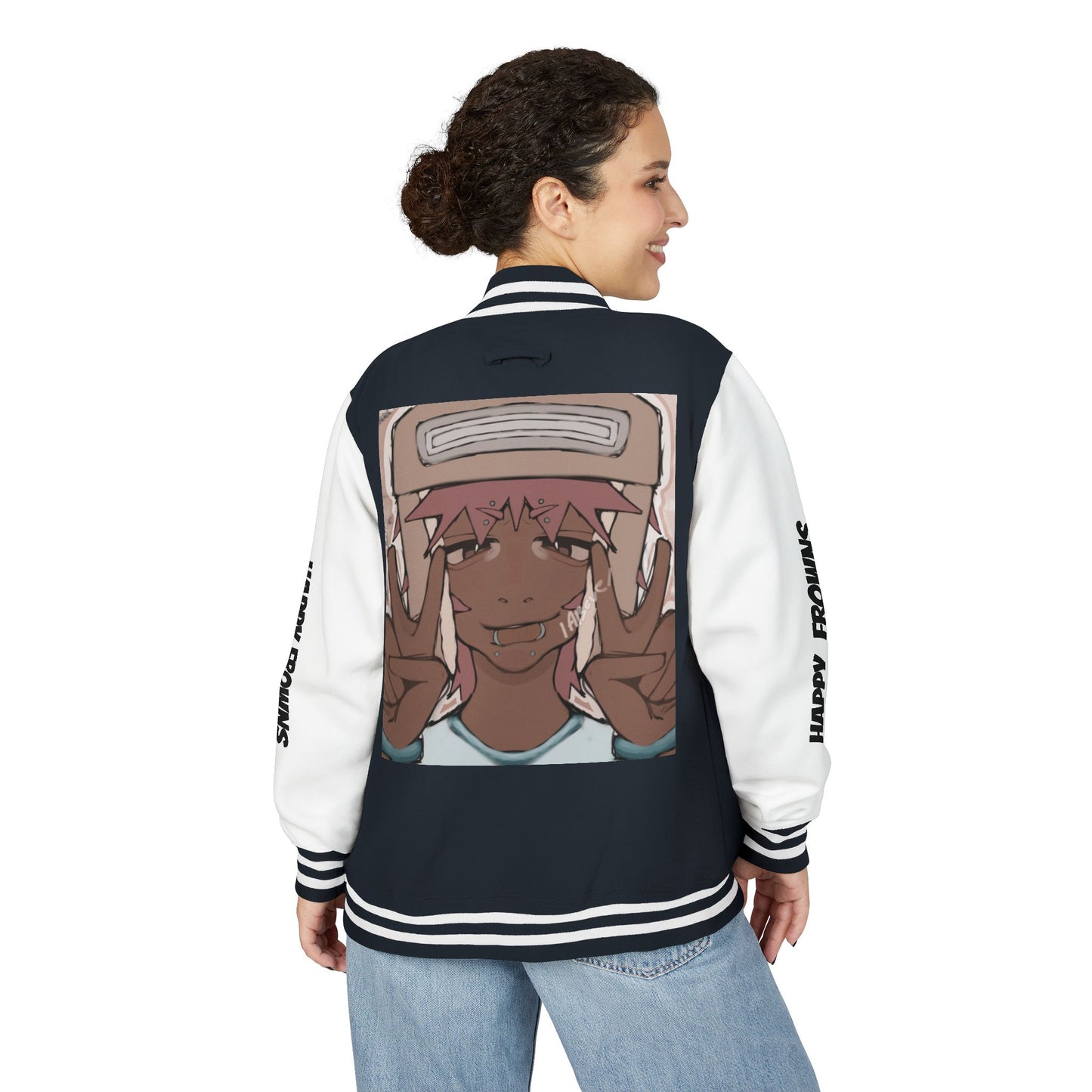 Cool Teenage Style Unisex Heavyweight Letterman Jacket, Trendy Happy FROWNS Design, Varsity Coat for Teens, Fashionable Outerwear for Youth,