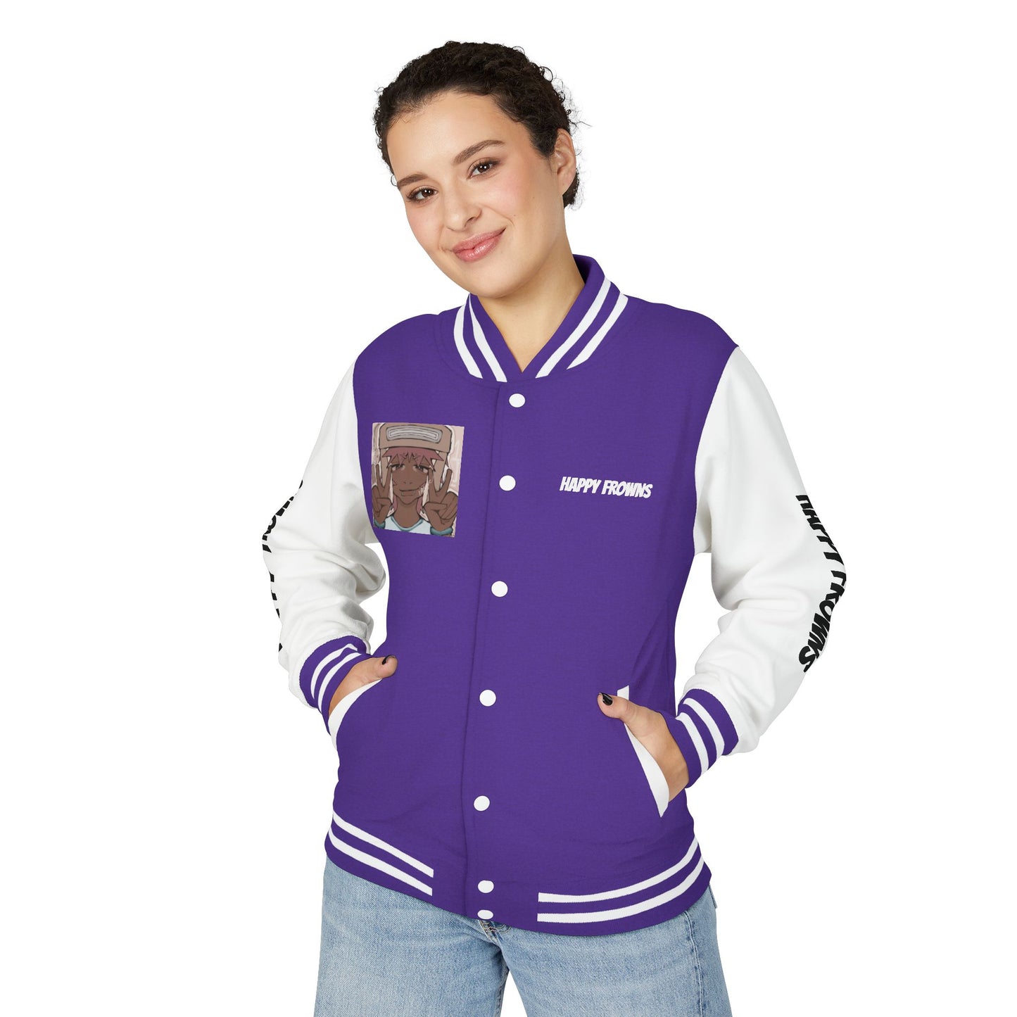 Cool Teenage Style Unisex Heavyweight Letterman Jacket, Trendy Happy FROWNS Design, Varsity Coat for Teens, Fashionable Outerwear for Youth,