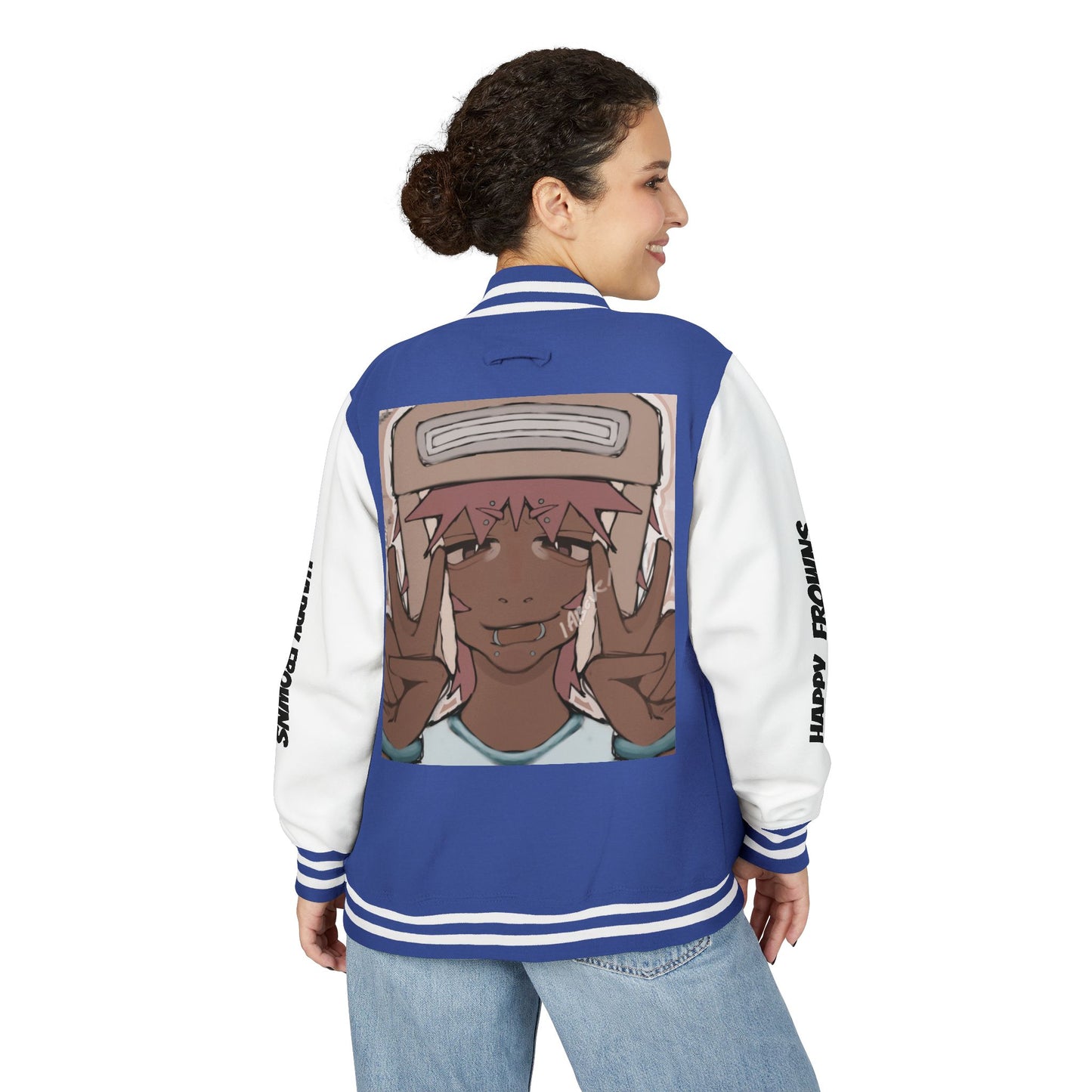 Cool Teenage Style Unisex Heavyweight Letterman Jacket, Trendy Happy FROWNS Design, Varsity Coat for Teens, Fashionable Outerwear for Youth,