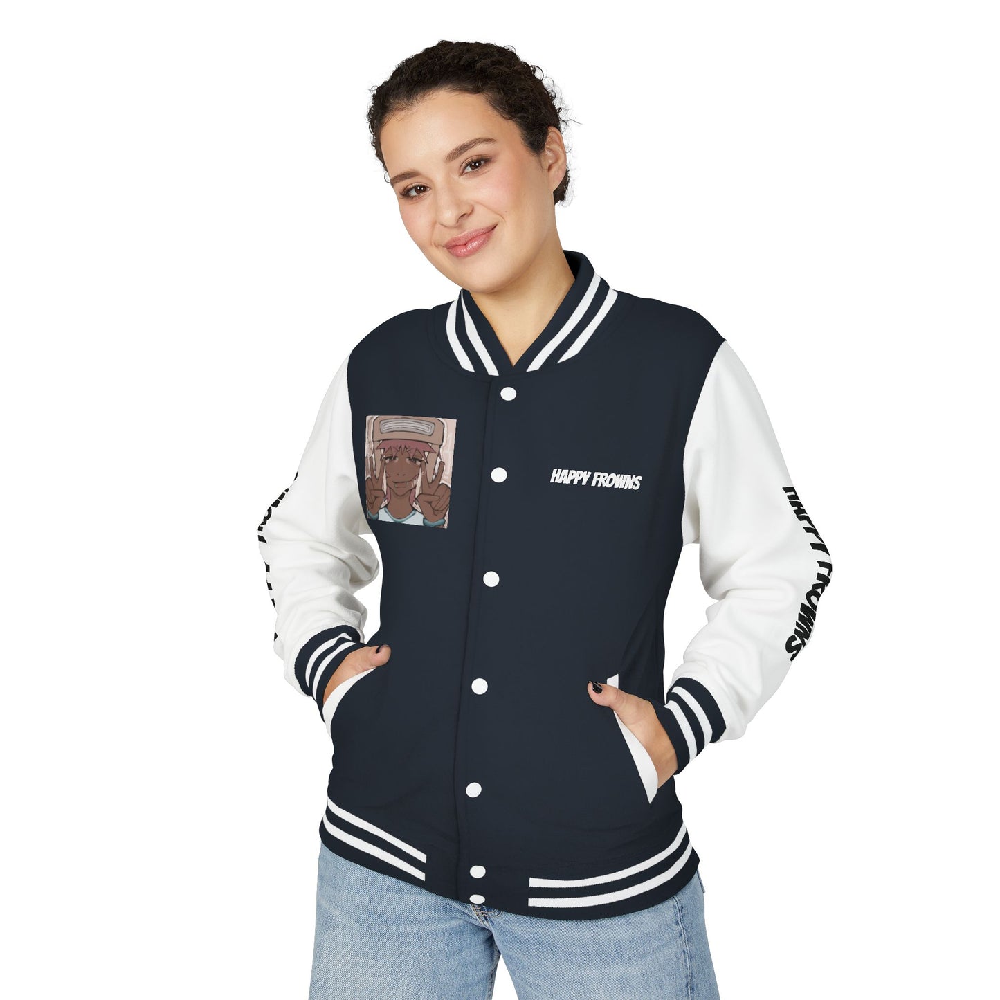 Cool Teenage Style Unisex Heavyweight Letterman Jacket, Trendy Happy FROWNS Design, Varsity Coat for Teens, Fashionable Outerwear for Youth,