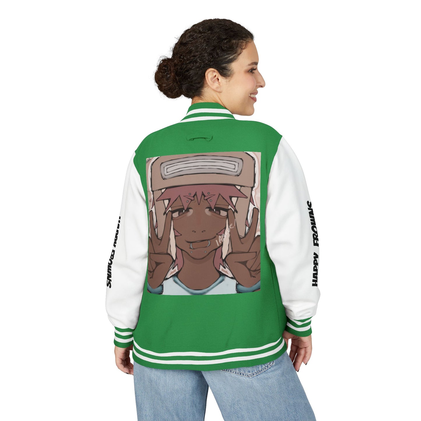 Cool Teenage Style Unisex Heavyweight Letterman Jacket, Trendy Happy FROWNS Design, Varsity Coat for Teens, Fashionable Outerwear for Youth,