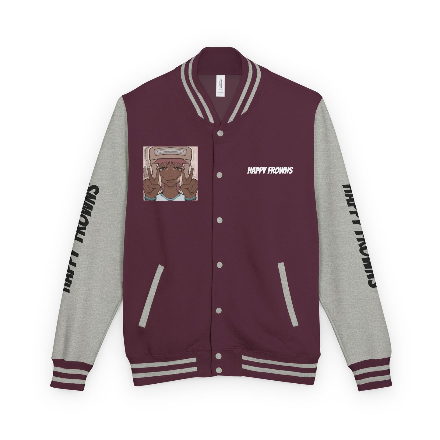 Cool Teenage Style Unisex Heavyweight Letterman Jacket, Trendy Happy FROWNS Design, Varsity Coat for Teens, Fashionable Outerwear for Youth,