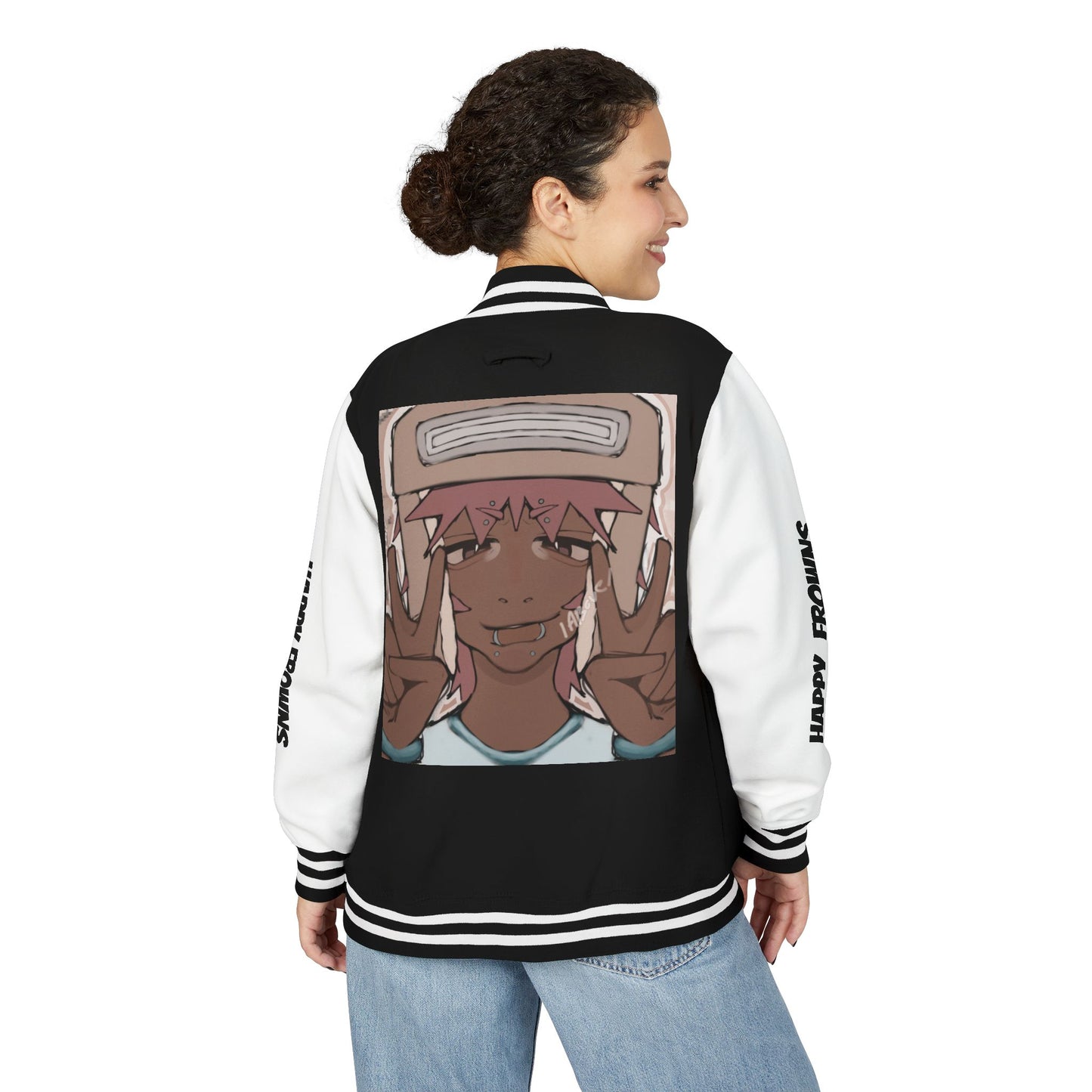 Cool Teenage Style Unisex Heavyweight Letterman Jacket, Trendy Happy FROWNS Design, Varsity Coat for Teens, Fashionable Outerwear for Youth,