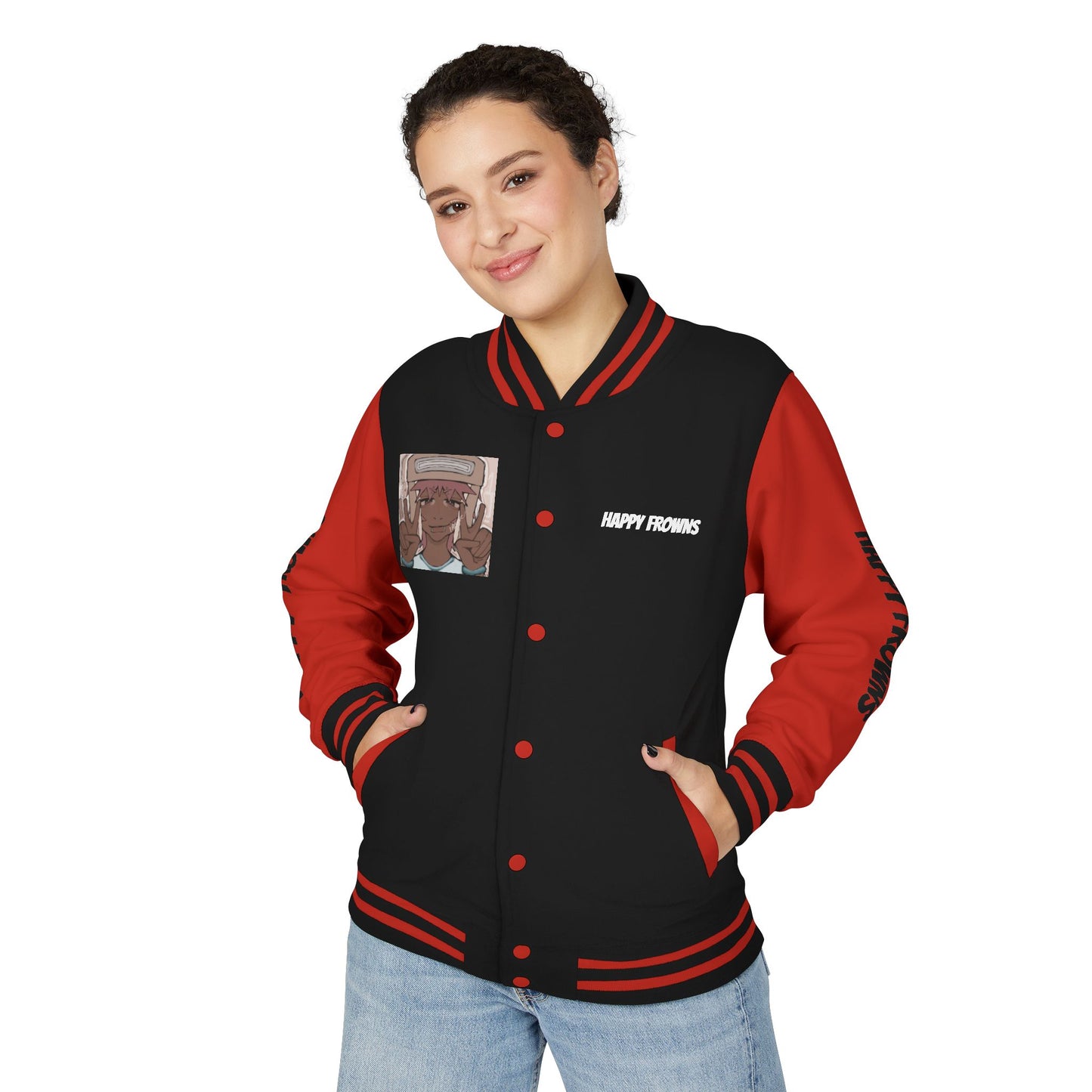 Cool Teenage Style Unisex Heavyweight Letterman Jacket, Trendy Happy FROWNS Design, Varsity Coat for Teens, Fashionable Outerwear for Youth,