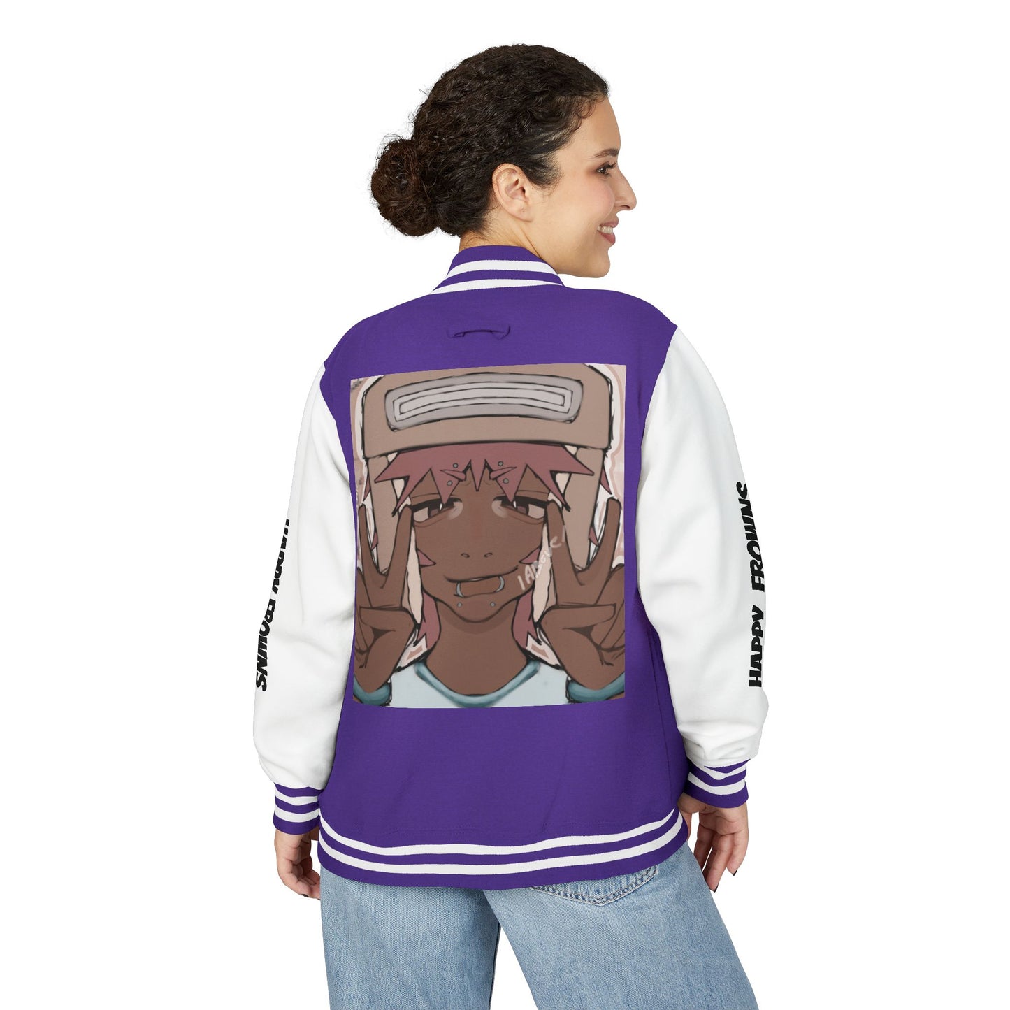 Cool Teenage Style Unisex Heavyweight Letterman Jacket, Trendy Happy FROWNS Design, Varsity Coat for Teens, Fashionable Outerwear for Youth,