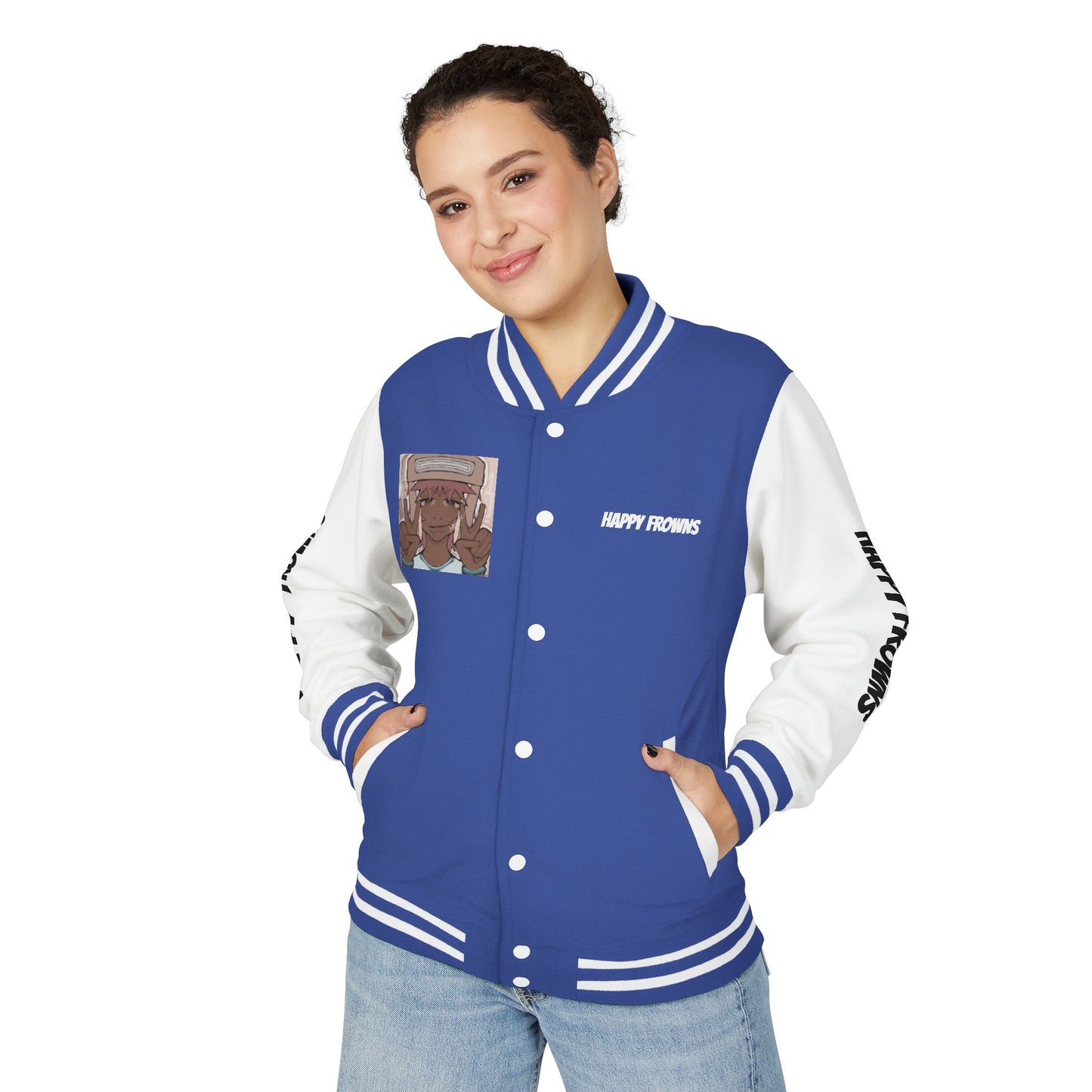 Cool Teenage Style Unisex Heavyweight Letterman Jacket, Trendy Happy FROWNS Design, Varsity Coat for Teens, Fashionable Outerwear for Youth,