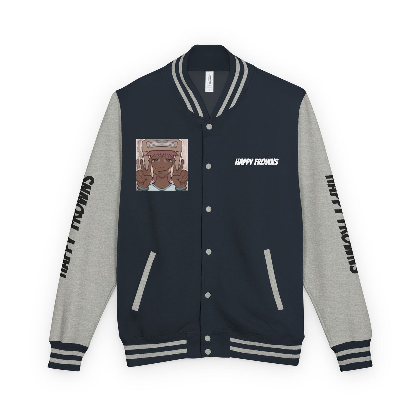 Cool Teenage Style Unisex Heavyweight Letterman Jacket, Trendy Happy FROWNS Design, Varsity Coat for Teens, Fashionable Outerwear for Youth,