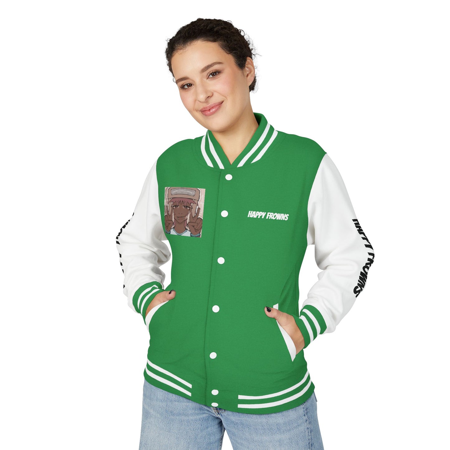 Cool Teenage Style Unisex Heavyweight Letterman Jacket, Trendy Happy FROWNS Design, Varsity Coat for Teens, Fashionable Outerwear for Youth,