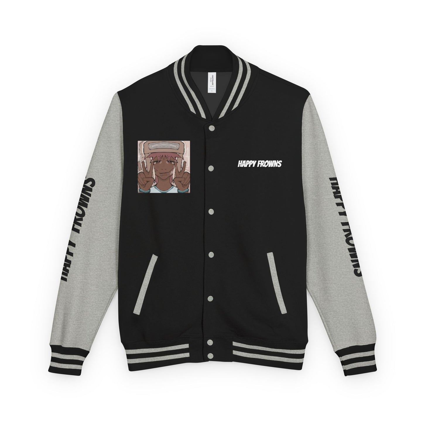 Cool Teenage Style Unisex Heavyweight Letterman Jacket, Trendy Happy FROWNS Design, Varsity Coat for Teens, Fashionable Outerwear for Youth,
