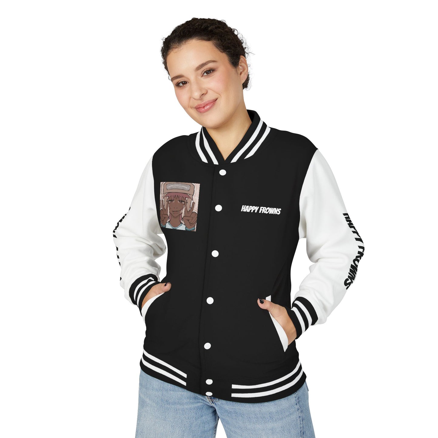 Cool Teenage Style Unisex Heavyweight Letterman Jacket, Trendy Happy FROWNS Design, Varsity Coat for Teens, Fashionable Outerwear for Youth,
