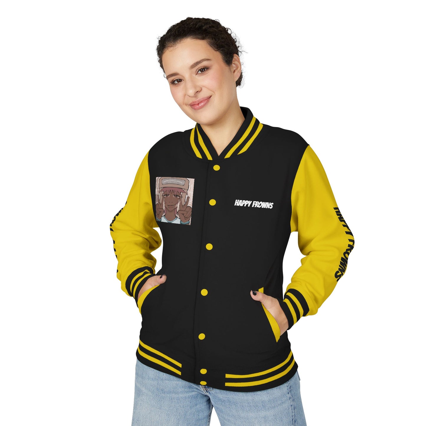 Cool Teenage Style Unisex Heavyweight Letterman Jacket, Trendy Happy FROWNS Design, Varsity Coat for Teens, Fashionable Outerwear for Youth,