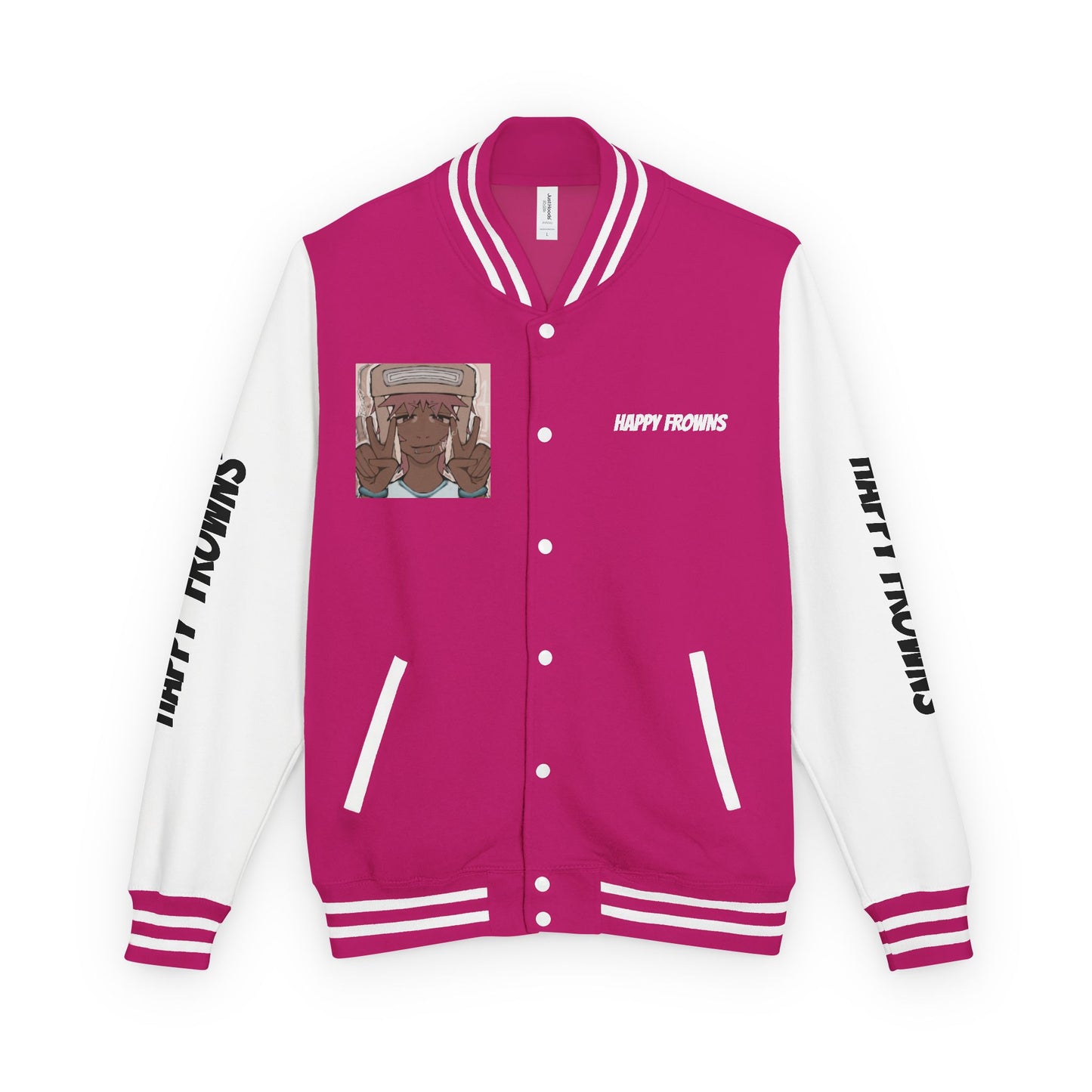 Cool Teenage Style Unisex Heavyweight Letterman Jacket, Trendy Happy FROWNS Design, Varsity Coat for Teens, Fashionable Outerwear for Youth,