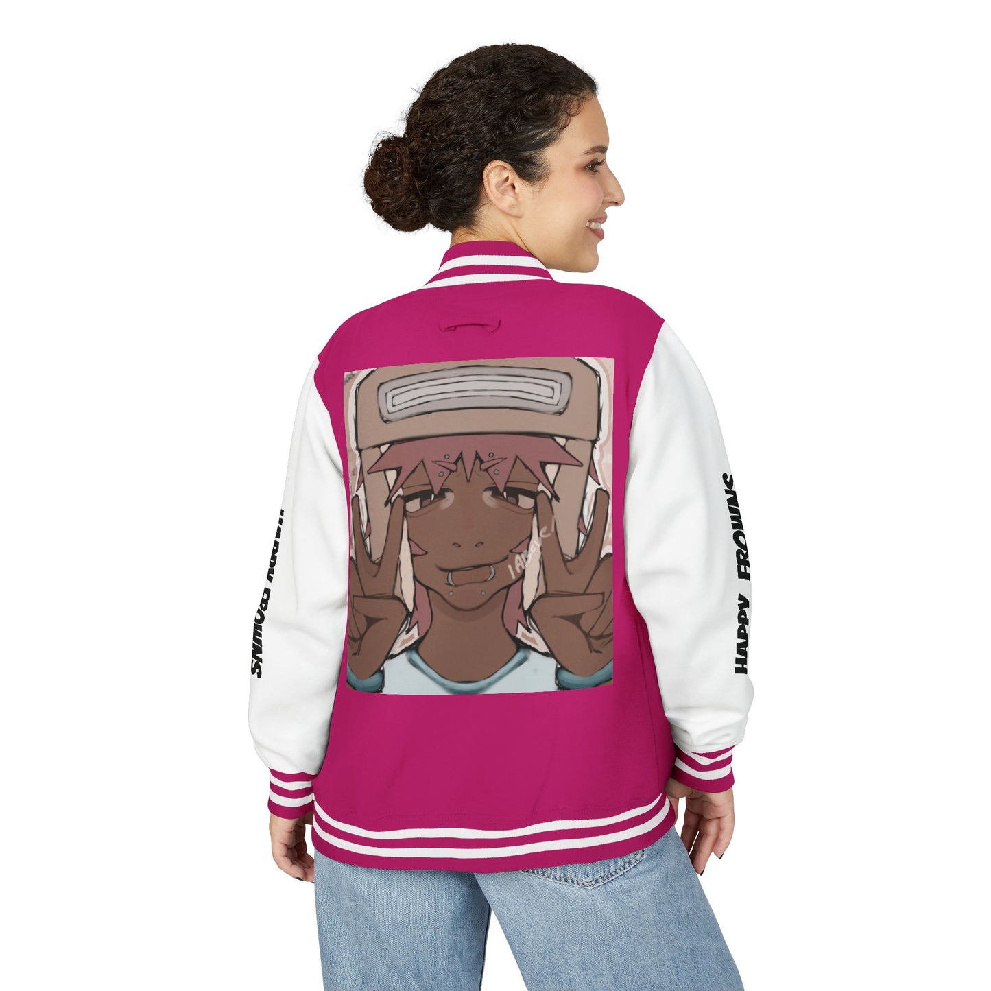 Cool Teenage Style Unisex Heavyweight Letterman Jacket, Trendy Happy FROWNS Design, Varsity Coat for Teens, Fashionable Outerwear for Youth,