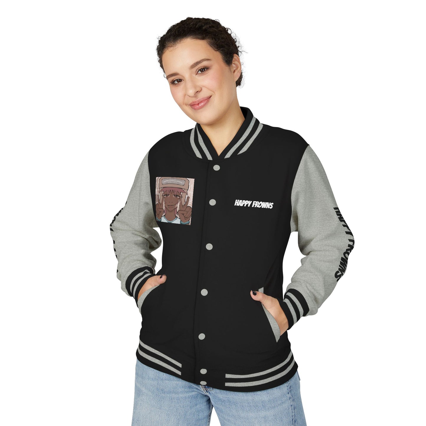 Cool Teenage Style Unisex Heavyweight Letterman Jacket, Trendy Happy FROWNS Design, Varsity Coat for Teens, Fashionable Outerwear for Youth,