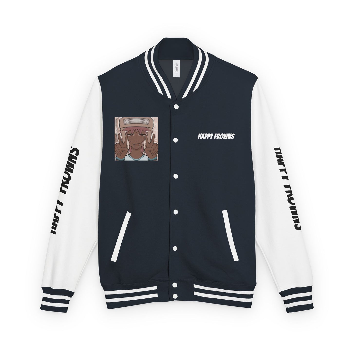Cool Teenage Style Unisex Heavyweight Letterman Jacket, Trendy Happy FROWNS Design, Varsity Coat for Teens, Fashionable Outerwear for Youth,