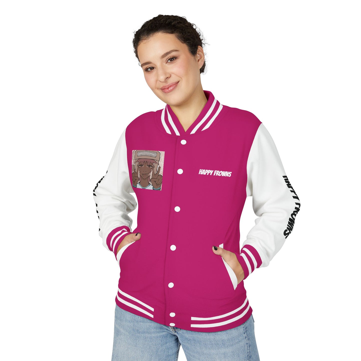 Cool Teenage Style Unisex Heavyweight Letterman Jacket, Trendy Happy FROWNS Design, Varsity Coat for Teens, Fashionable Outerwear for Youth,
