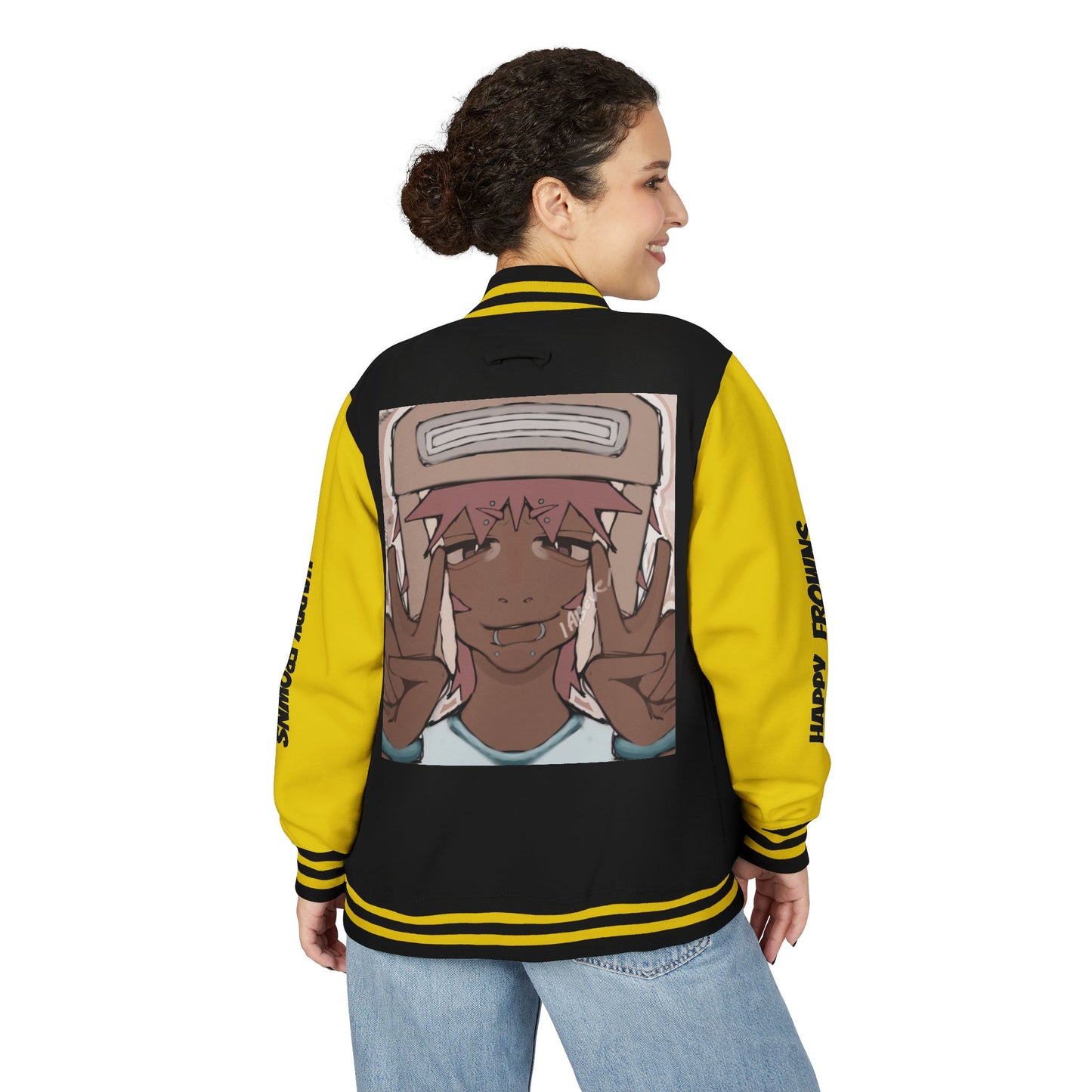 Cool Teenage Style Unisex Heavyweight Letterman Jacket, Trendy Happy FROWNS Design, Varsity Coat for Teens, Fashionable Outerwear for Youth,