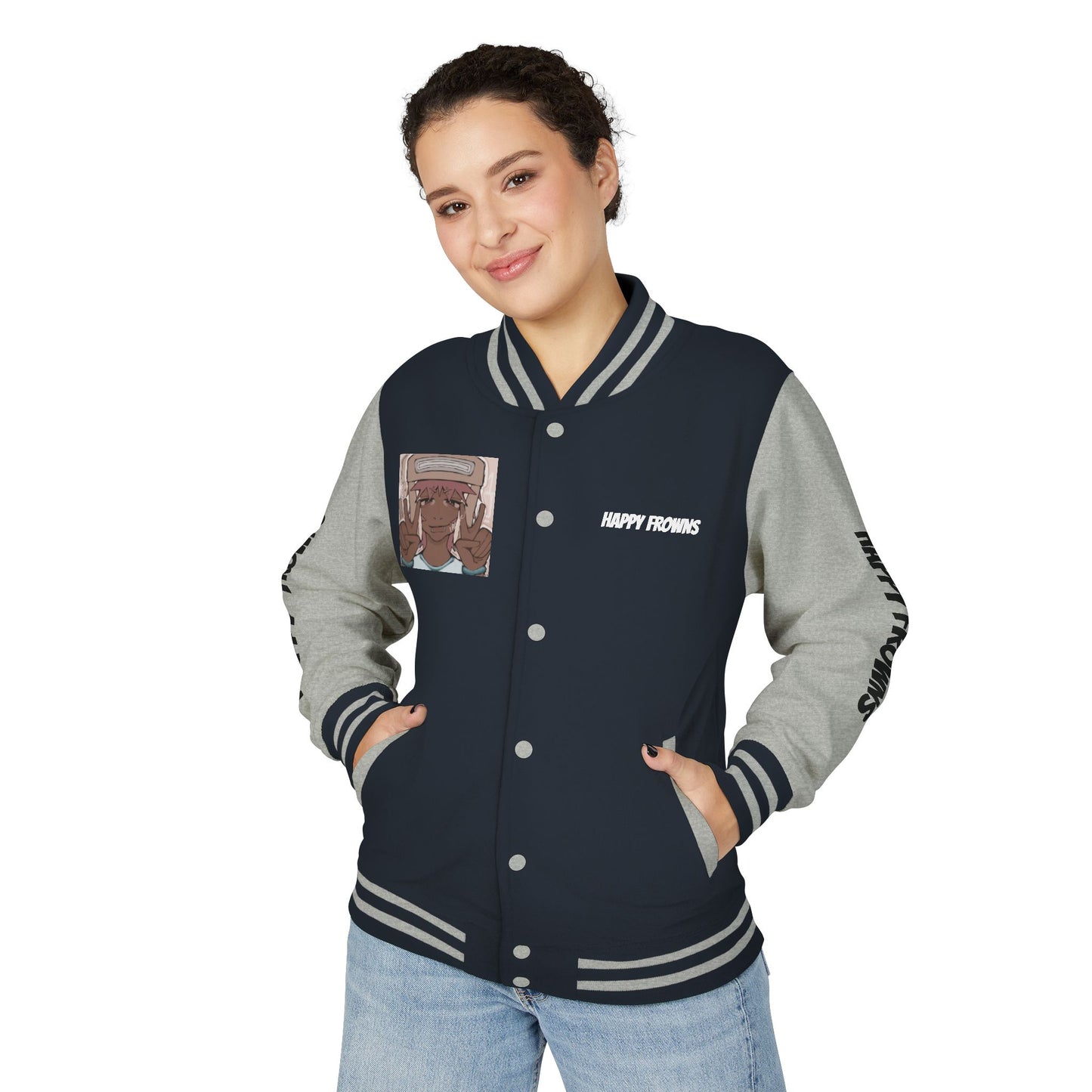 Cool Teenage Style Unisex Heavyweight Letterman Jacket, Trendy Happy FROWNS Design, Varsity Coat for Teens, Fashionable Outerwear for Youth,