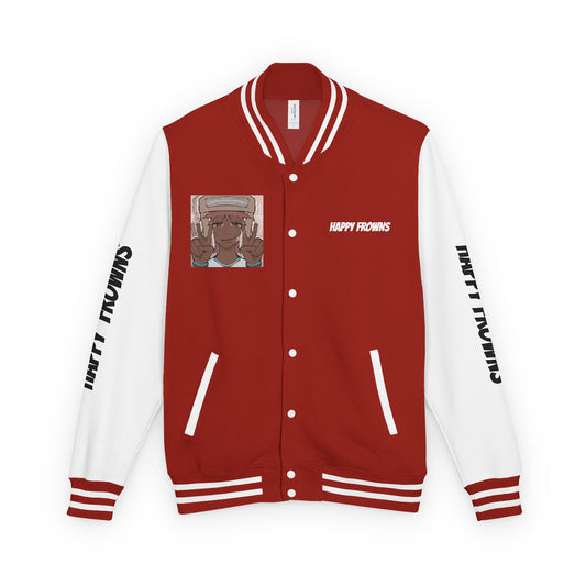 Cool Teenage Style Unisex Heavyweight Letterman Jacket, Trendy Happy FROWNS Design, Varsity Coat for Teens, Fashionable Outerwear for Youth,