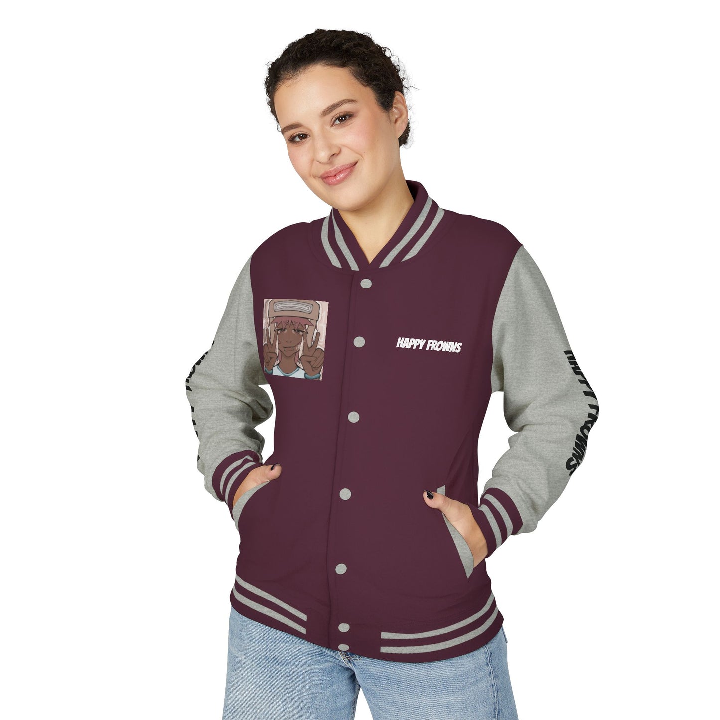 Cool Teenage Style Unisex Heavyweight Letterman Jacket, Trendy Happy FROWNS Design, Varsity Coat for Teens, Fashionable Outerwear for Youth,
