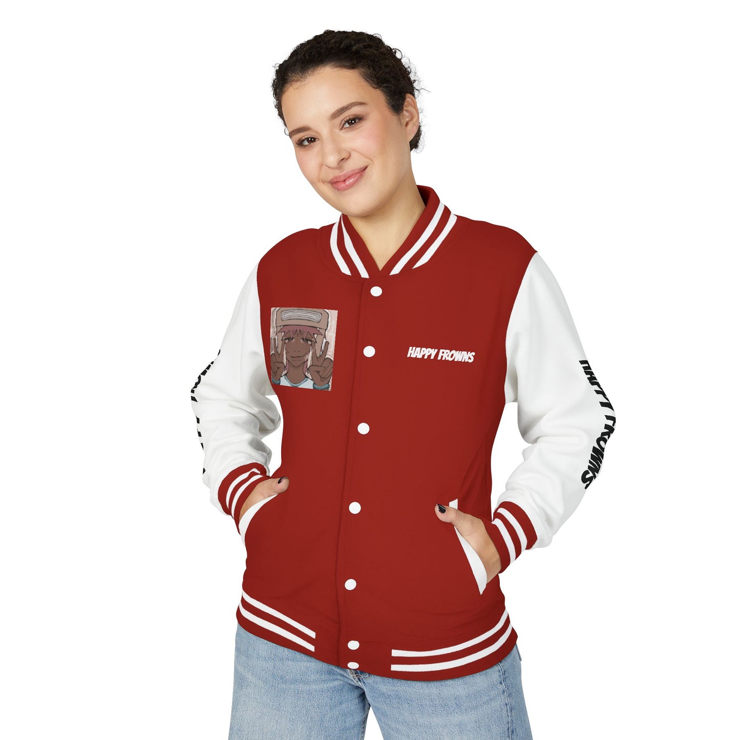 Cool Teenage Style Unisex Heavyweight Letterman Jacket, Trendy Happy FROWNS Design, Varsity Coat for Teens, Fashionable Outerwear for Youth,